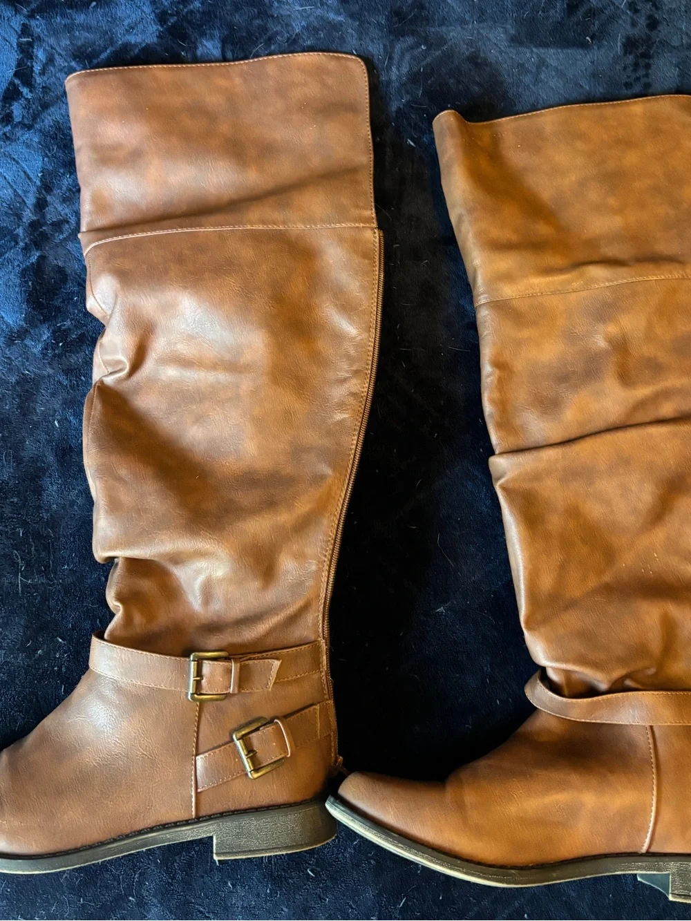 Women's Tall Wide Calf Brown Riding Boots with Buckle Detail